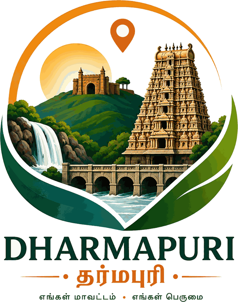 Dharmapuri — Hogenakkal falls, the hill fort and the temple gopuram inside a leaf emblem